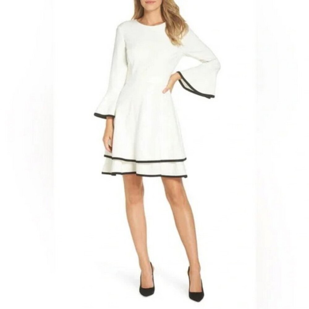 Eliza J Ivory 3/4 Bell Sleeve Black Trim Tiered Fit & Flare Dress